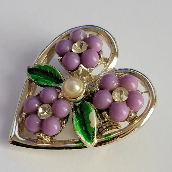 Vintage heart pin pair Mother of pearl purple flowers - Picture 5 of 9